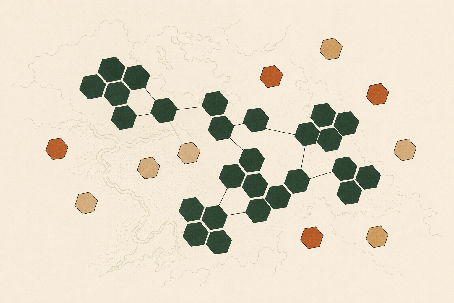 An illustration of hexagonal tiles on a cream ground, most in deep green and linked into clusters by fine lines, with unconnected tiles in terracotta and tan set apart, over a faint map fragment